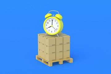 Cardboard boxes on pallet near alarm clock. Fast shipping. Transportation speed. Storage time in the warehouse. Delayed delivery. Quick carriage. 3d render