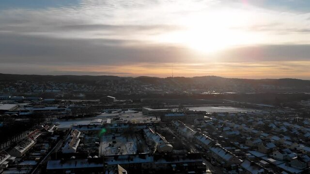 Aerial - Utby villa area at dawn, suburb of Gothenburg, Sweden, wide rising shot