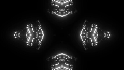 Pitch black background with silver gloqing shapes of flickering lights. Patterns moving to the center transfroming in a flower shape - Powered by Adobe