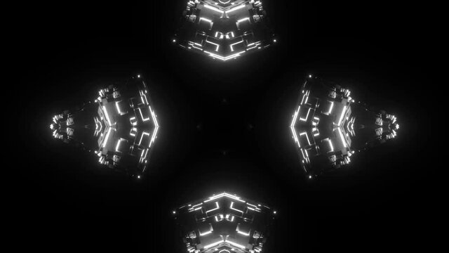 Pitch black background with silver gloqing shapes of flickering lights. Patterns moving to the center transfroming in a flower shape