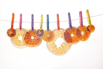 mix of different pieces of dried citrus fruit on white background