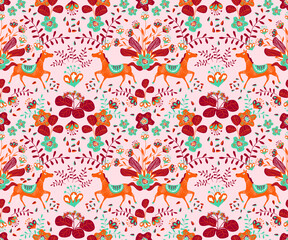 Vector illustration with plant leaves and horses in ethnic folk style. Hand drawn picture about a fairy tale. Seamless pattern for fabric and textile design