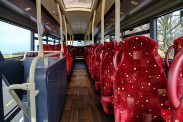 Empty bus in Edinburgh during lockdown. Scottish transportation. Lothian.