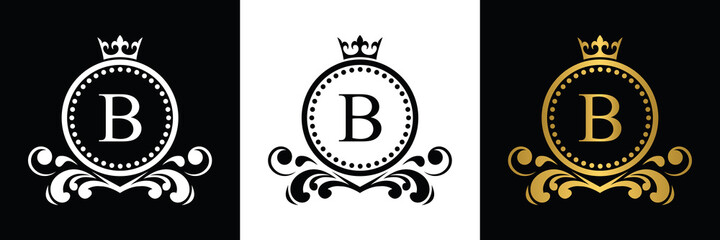 Golden and black Letter B template logo Luxury gold letter with crown. Monogram alphabet . Beautiful royal initials letter.	