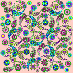 There is ethnic colorful pattern for fabric, textile, digital clothes, wallpaper, bed linen, packing paper with stylized oriental design.
