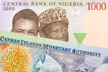 A macro image of a blue, purple and green one thousand  naira note from Nigeria paired up with a colorful one dollar note from the Cayman Islands.  Shot close up in macro.