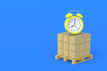 Cardboard boxes on pallet near alarm clock. Fast shipping. Transportation speed. Storage time in the warehouse. Delayed delivery. Quick carriage. Copy space. 3d render