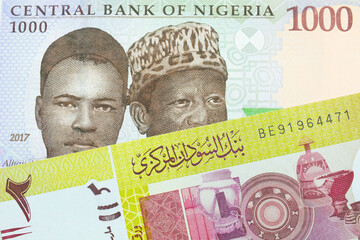 A macro image of a blue, purple and green one thousand  naira note from Nigeria paired up with a green two pound bank note from Sudan.  Shot close up in macro.