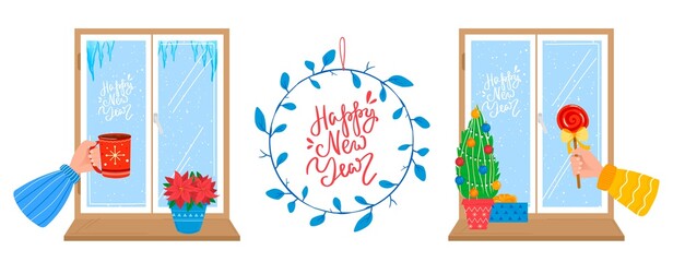 Celebrating christmas, joyful winter mood, view in windows house, decoration new year, design cartoon style, vector illustration.