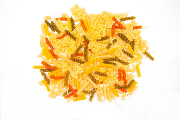 different types of italian pasta on a white background. flour products and food in cooking