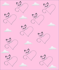 children's cat pattern on pink background with clouds
