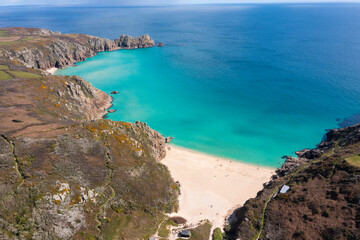 Fototapeta premium Aerial photograph of Porthcurno Beach nr Lands End, Cornwall, England.