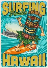Hawaii surfing vintage colorful poster