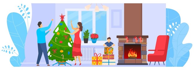 Family celebration christmas, people spend time together, man, woman decorate christmas tree, cartoon style, vector illustration.