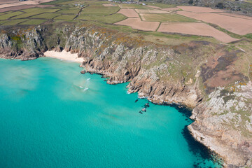 Aerial photograph of Porthcurno Beach nr Lands End, Cornwall, England.