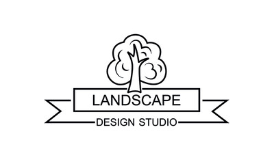 Landscape design studio logo template. Vector illustration isolated on white background. Simple icon of tree and ribbon with text. Flat style. Brand company. Symbol for web, print, card