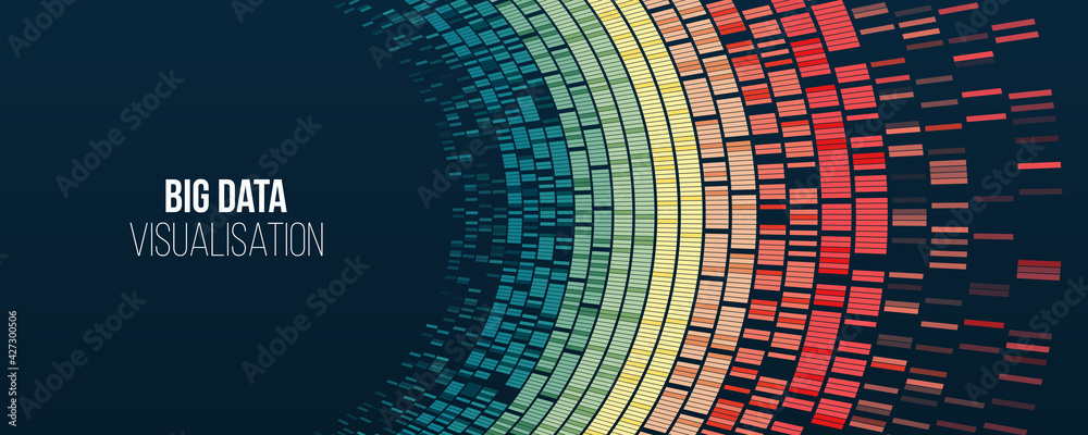 Poster Big data visualization. Information analytics concept. Abstract stream information with circles array and binary code. Filtering machine algorithms. Sorting data. Vector technology background.