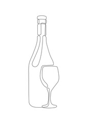 Wine bottle with glass .Alcoholic drinks.Continuous one line drawing wine glass .Vector illustration .