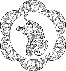 Elephant in a yoga pose ornamental in spirals stands on his head. Ornament flower mandala. 