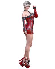 Beautiful woman in short leather dress.