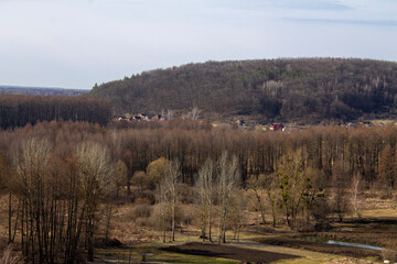 Ukrainian village, spring hills, houses and forest
