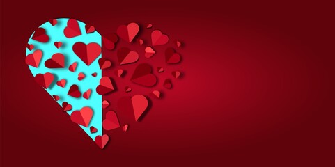 Big red heart lined with small paper hearts on a red background, Valentine's Day, Valentine's Day, wedding card, vector illustration