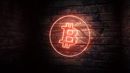 Bitcoin cryptocurrency neon sign mounted on the brick wall