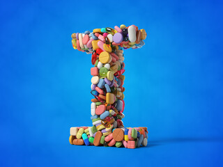 different pills stack in shape of letter I. suitable for medicine, healthcare and science themes. 3D illustration with blue background.