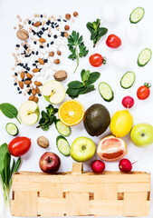 Fresh, healthy food in the basket. Online shopping concept. Flat lay of grocery shopping