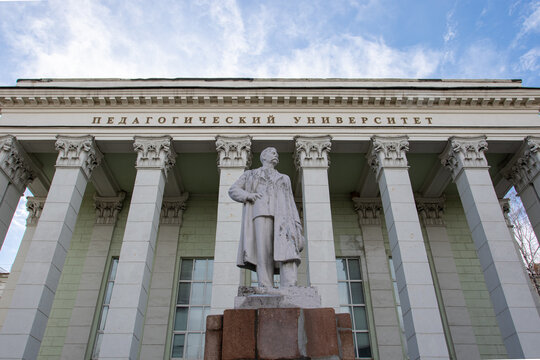 Chelyabinsk, Russia - April 2, 2021: Monument to Maxim Gorky near Chelyabinsk Pedagogical University