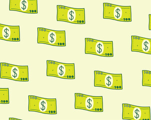 Seamless background of a hundred dollar paper money, hand drawn vector doodle background of dollar money currency for commercial and finance use. 