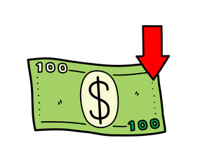 Dollar deflation symbol, a hand drawn vector doodle illustration of a hundred dollar paper bill with a red arrow pointing down, isolated on white background.