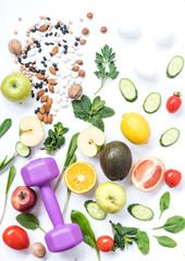 Composition of fresh healthy products for athletes. Fitness and diet for the female body