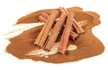 Aromatic cinnamon sticks and cinnamon powder isolated on a white background, selective focus.