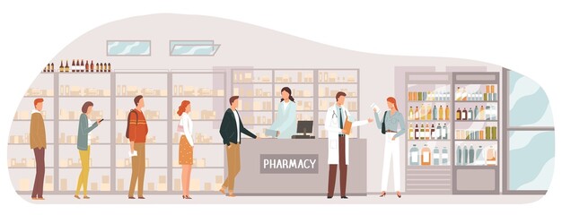 Pharmacy queue people, medical health services, medicine woman salesman, drug shelf, design, cartoon style vector illustration.