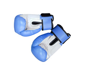 Pair of boxing gloves, blue white color. Cut out objects on a white background with copy space. Leather box sportwear picture, top view.