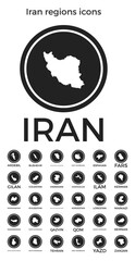 Iran regions icons. Black round logos with country regions maps and titles. Vector illustration.