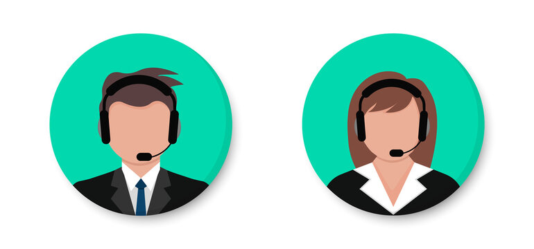 Call center. Support service icon. Male and female call center working in headphones. Man and woman in headset. Customer service and communications. Avatar operator of call center. Vector.
