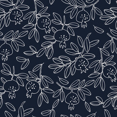Seamless pattern. Pomegranate tree branches with fruit on black background