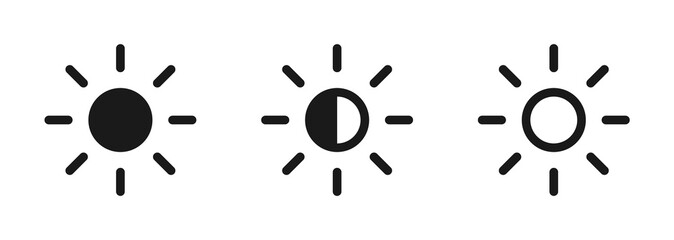 Brightness control icons set. Brightness icons with varying levels on white background. Contrast level icon. Screen brightness and contrast level settings icon. Vector illustration. EPS 10