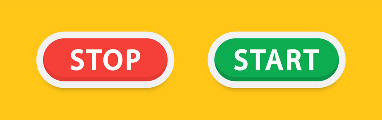 Start and stop buttons. Web buttons isolated on yellow background. Green and red buttons. Press button icon vector. Vector illustration. EPS 10 - obrazy, fototapety, plakaty