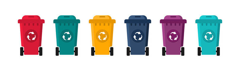 Different colored recycle waste bins. Colorful trash cans closed isolated on white background. Recycling symbol. Vector illustration