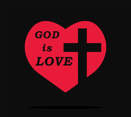 Obraz premium God is love. Christian cross and silhouette of heart. Christian cross sign, red heart isolated on black background. Symbol of christian love. Vector illustration EPS 10