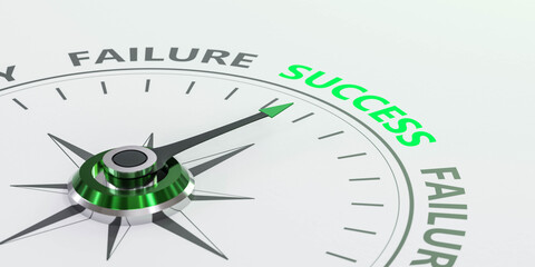 Success, Failure concept green red coloured compass 3d render illustration with words success and failure written on directions
