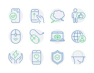 Business icons set. Included icon as Safe energy, Love chat, Approved shield signs. Speech bubble, Online delivery, Like symbols. Computer mouse, International recruitment, Swipe up. Vector