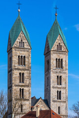 Fototapeta premium View at the Cemetery with St.Peter church towers in Straubing, Germany