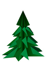 The green christmas tree is insulated on a white background. In the style of 3D origami