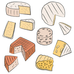 A set of beautiful exquisite soft and hard cheese delicacies. Round dairy products in the form of a cake are cut into triangular pieces. Simple linear flat icons with food. For stickers, emblems