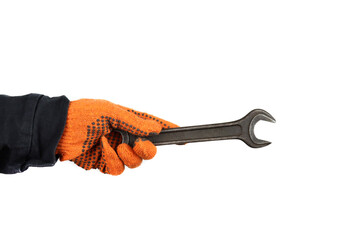 Hand with wrench isolated on white