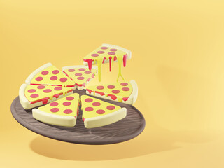 3D image pizza isolate yellow background, Minimal background, Street food concept - 3d illustration